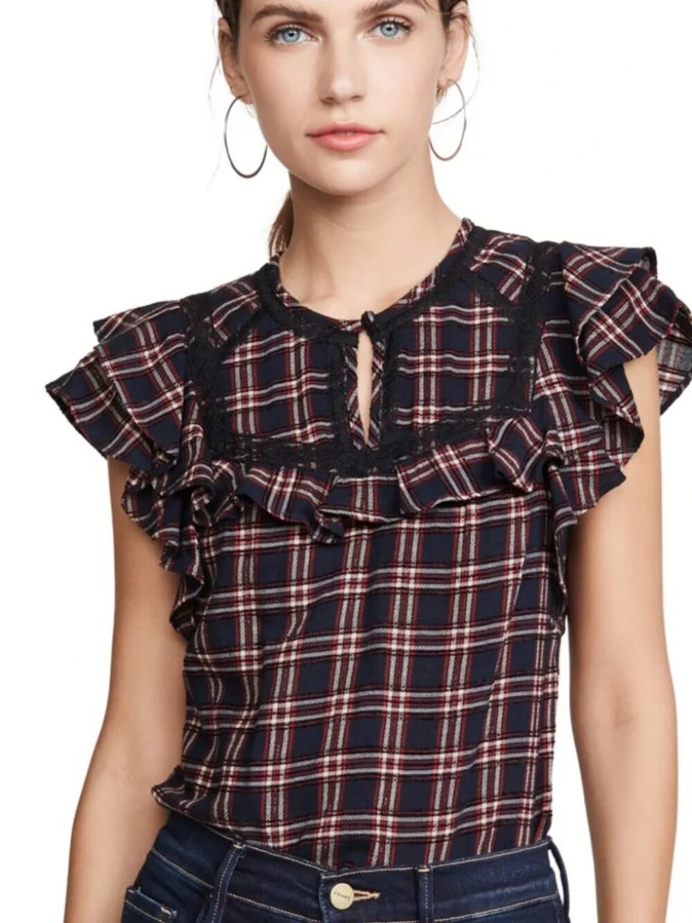 Veronica Beard Plaid Ruffle Sleeveless Hawn Blouse 0